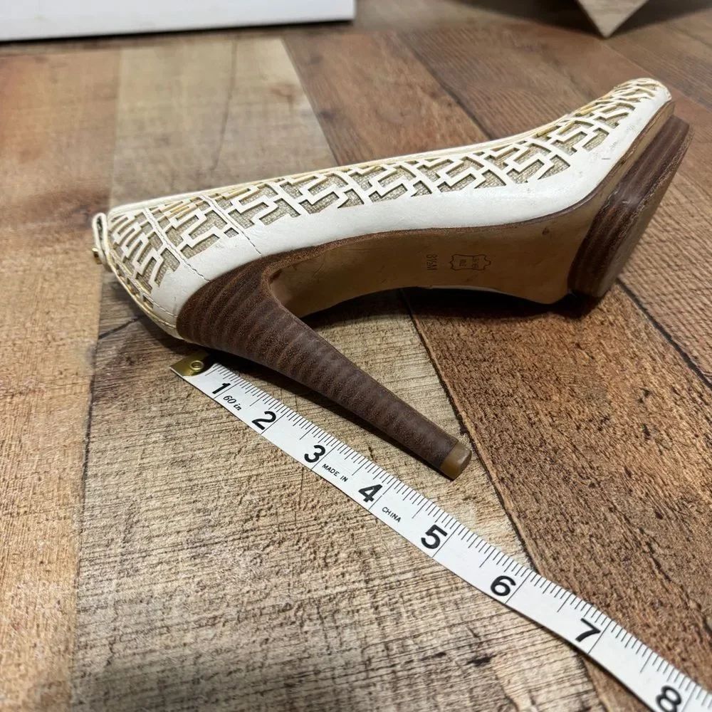 TORY BURCH Regan Leather/ Linen Peep-Toe Cut-out High Heel Pumps 8.5M - Picture 9 of 11